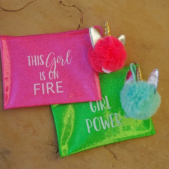 Glitter Hot Pink Girl Boss Unicorn Pom-Pom Journal & Pencil/Makeup Pouch Set - Picture 5 of 8
